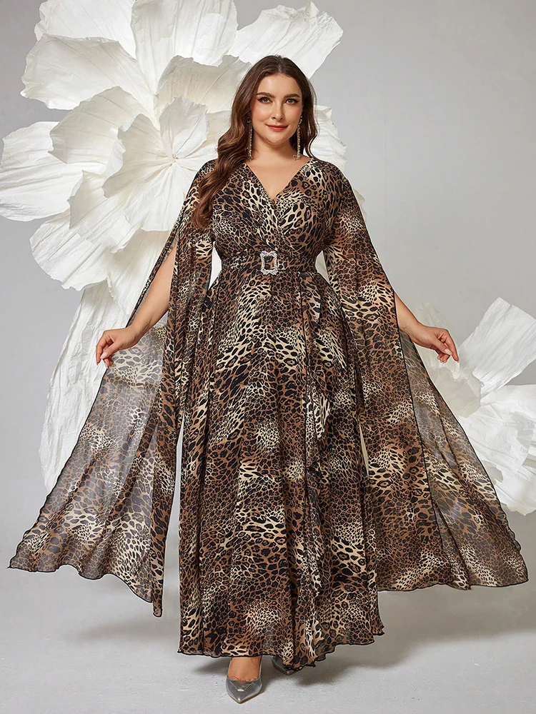 TOLEEN Plus Size Women\'s V-Neck Long-Sleeve Maxi Leopard Print Dress 2024 New Luxury Elegant Formal Party Evening Maxi Dresses