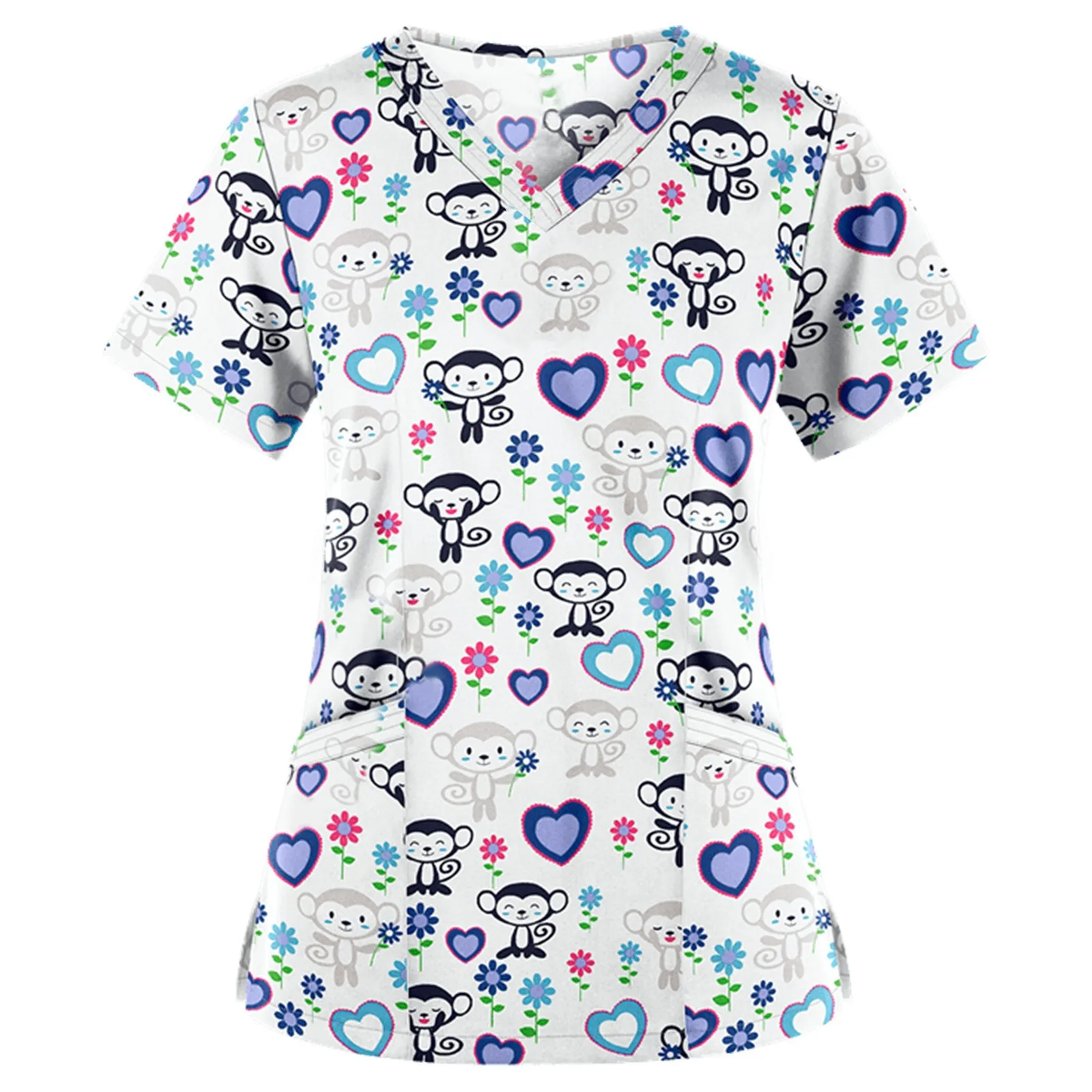 Womens Christmas Nurse Uniforms Print Short Sleeve V Neck Workwear With Pocket Working Nurse Work Wear Overalls Medical Uniforms