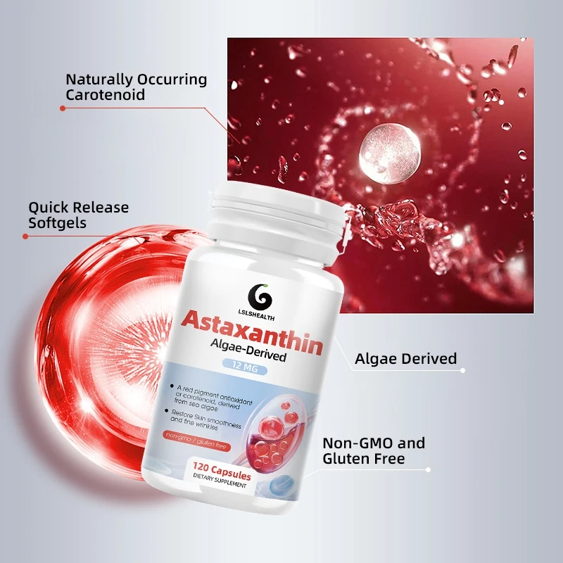 Astaxanthin 12mg Extra Strength Non-GMO Haematococcus Pluvialis Microalgae Naturally Occurring Canthaxanthin and Beta-Carotene