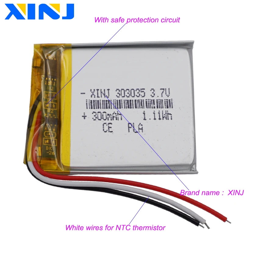 3.7V 300 mAh 1.11Wh 3 przewody termistor 303035 polimerowy Li litowo-LiPo akumulator jony do kamery samochodowej urządzenie Bluetooth