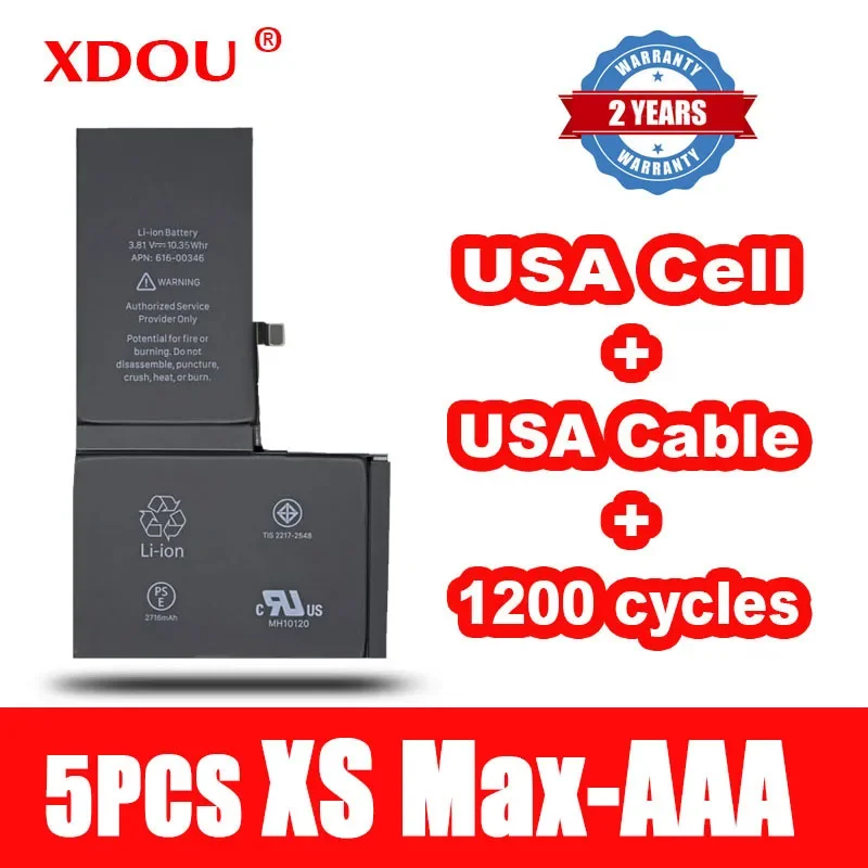 

5pcs XDOU Battery For IPhone XS Max XSMax 3174mAh Replacement Repair USA Cell Cable 1200 Times Cycles 2024 AAA