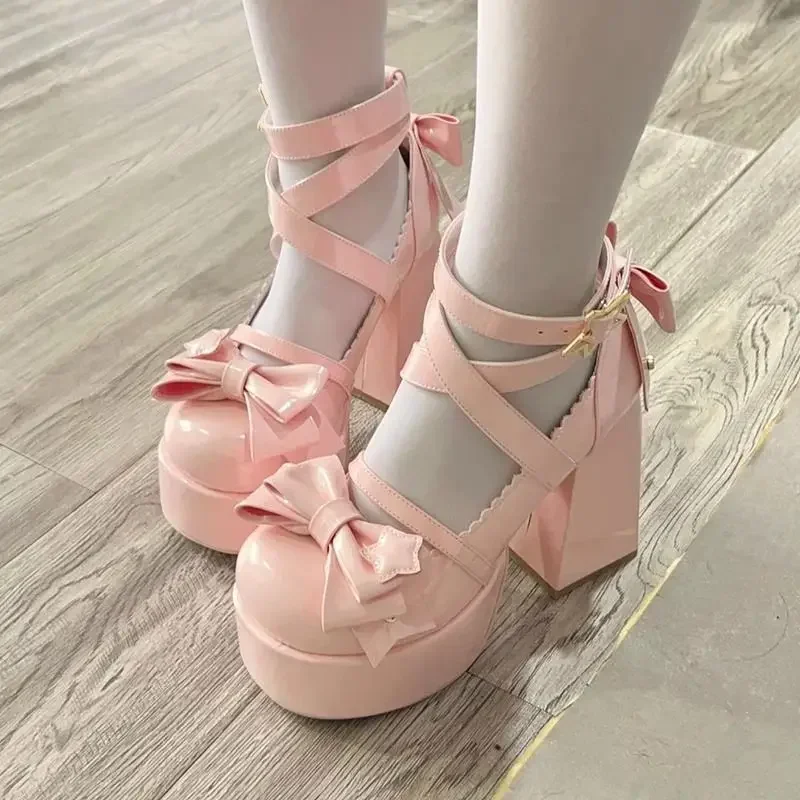 2025 Lolita Shoes Women High Heels Shoes Woman Chunky Sandals Summer Mary Janes PU Leather Shoes Retro Bow Party Platform Pumps