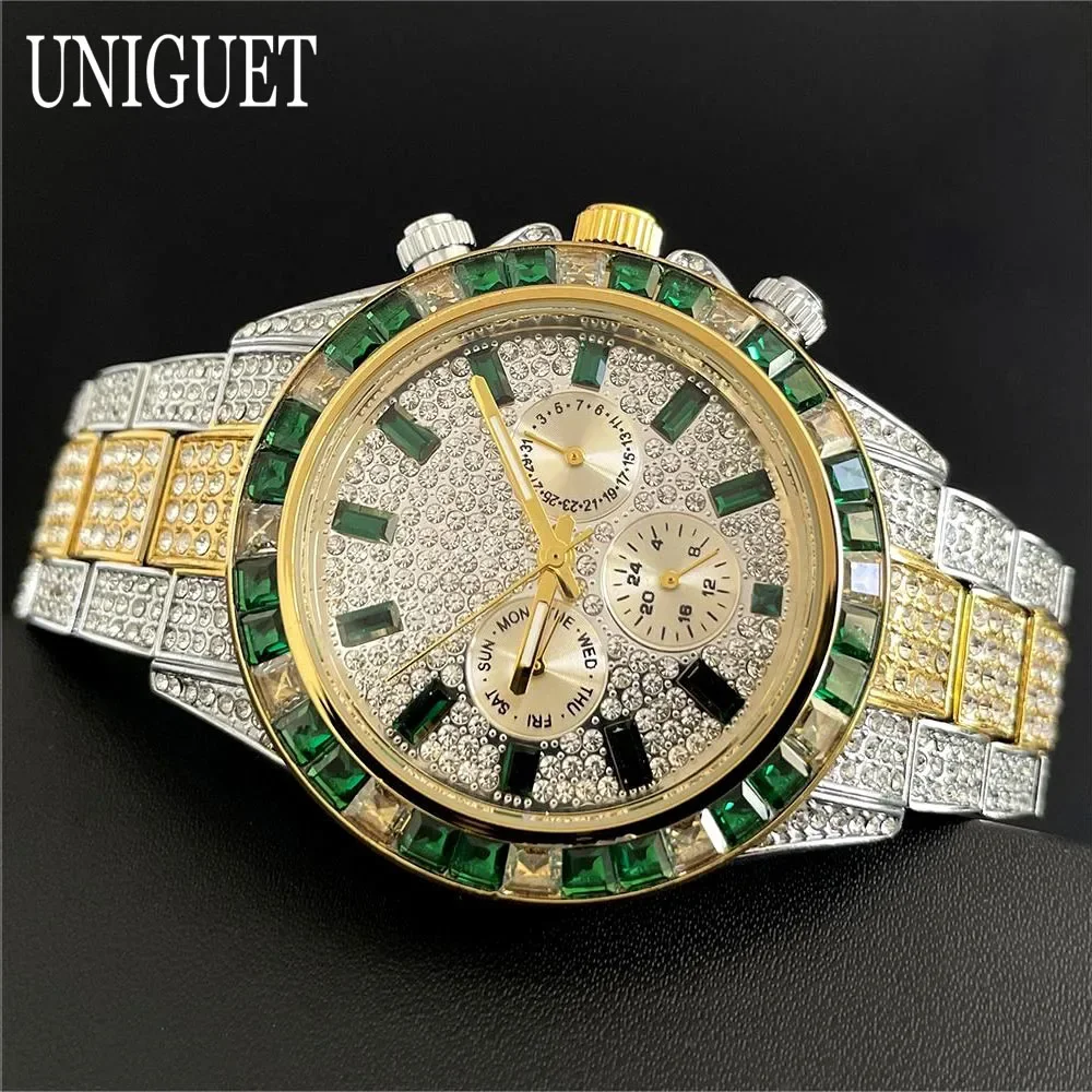 

Популярные модные зеленые часы, мужские брендовые UNIGUET, роскошные кварцевые наручные часы из нержавеющей стали в стиле хип-хоп с радужными бриллиантами, мужские дропшиппинг ﻿