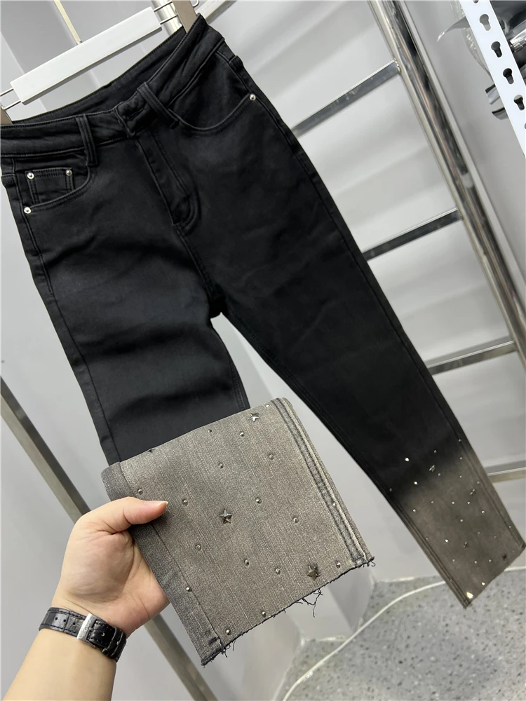 Hot Drilling Black Grey Straight Pants New Spring Autumn All-match High Waist Ankle-length Jean Slimming Denim Trousers for Lady