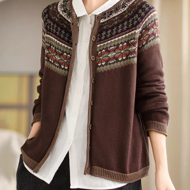 Women Vintage Ethnic Style Jacquard Single Breasted Knitted Cardigan Autumn Female Casual O Neck Long Sleeve Loose Sweater Coat