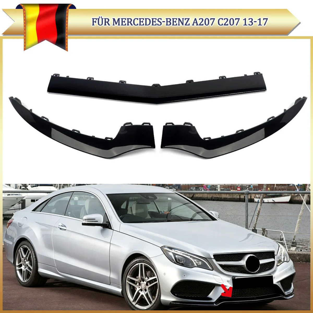 Vordere untere Stoßstangen-Splitter-Zierleiste in glänzendem Schwarz für Mercedes-Benz E-Klasse W207 C207 A207 Coupé Cabriolet AMG Line 2014-2017