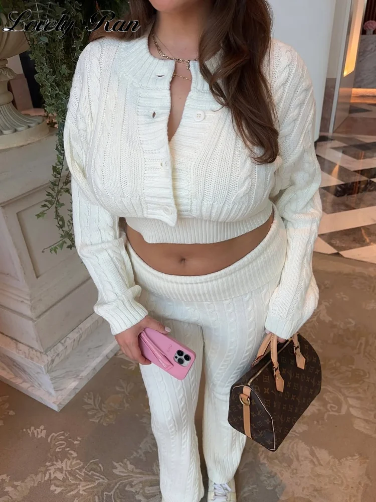 Knit Pants Sets 3 Pieces For Women White Crop Halter Vest Short Button Cardigans Fold High Waist Flare Pants 2025 Spring Outfit