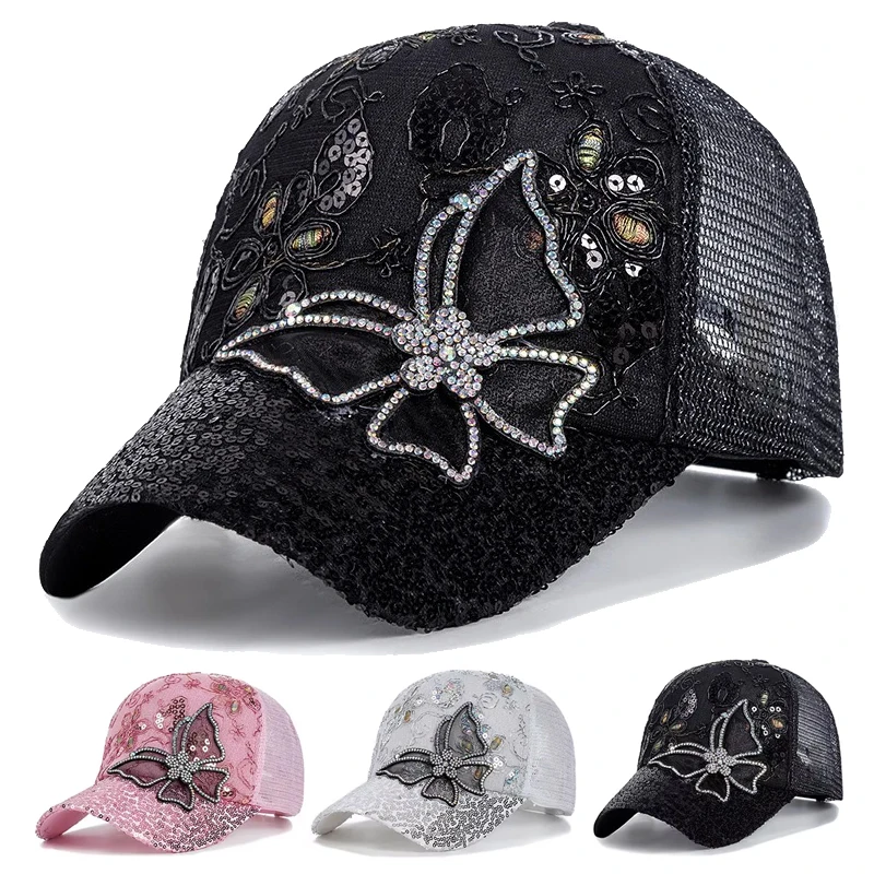 Unisex Butterfly Lace Glitter Baseball Net Caps Spring and Summer Outdoor Adjustable Casual Hats Sunscreen Hat