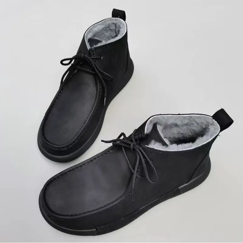 Sapatos masculinos de lã de pele de carneiro integrados couro genuíno quente antiderrapante sola grossa alta superior algodão botas de neve inverno olutdoor caminhada