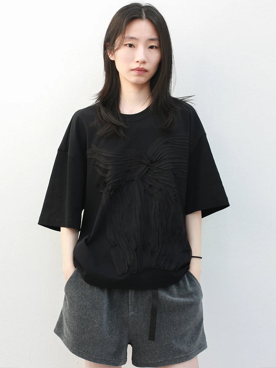 

Удобная футболка из хлопка с эффектом вышивки, со спущенным плечом, средней длины, с круглым вырезом, для женщин, повседневная, с креативным узором