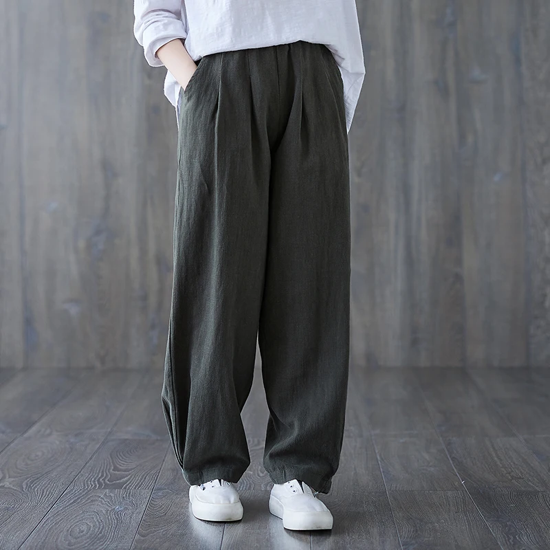 Luźne damskie spodnie z lnu i bawełny, spodnie typu harlan, długie spodnie wyszczuplające z szerokimi nogawkami, wygodne, codzienne, w stylu koreańskim.