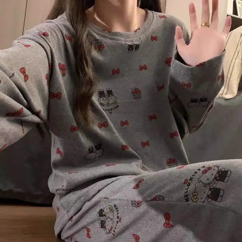 

Hello Kitty Cute Pajamas Women Winter Thick Fleece Warm Flannel Cartoon Round Neck Homewear Set Kawaii Fashion Nightwear Set
