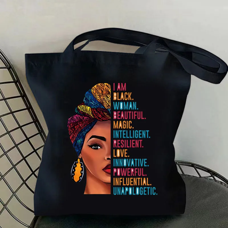 I AM BLACK WOMAN Big Earrings Letter Print Shopping Bags Reusable Large Capacity Canvas Casual Fashion Gift Tote Bag