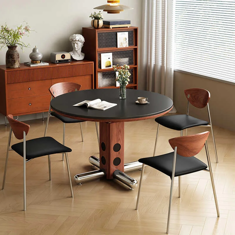 

Stylish Home Rock Slab Surface Cafe Table Minimalist Round Dining Table with Steel Leg Kitchen Dining Room Table for Small Space