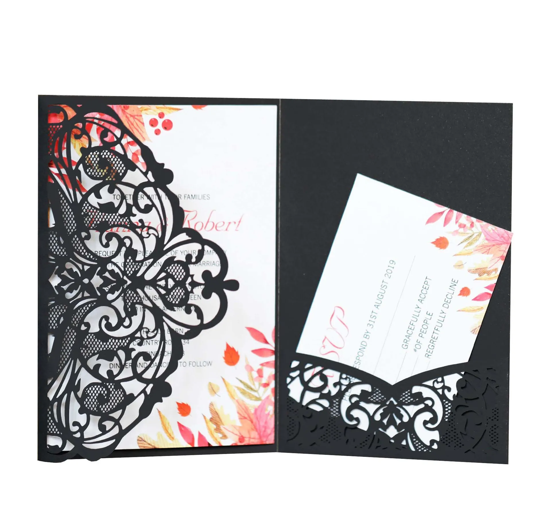 Tri-Folding Black Pearl Paper Invitation Card for Wedding Party, 12.5x18cm, 50PCs