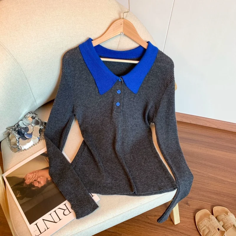 

College Style Contrast Color Polo Collar Long-sleeved Pullover Top Autumn Winter New French Slim Button Sweater
