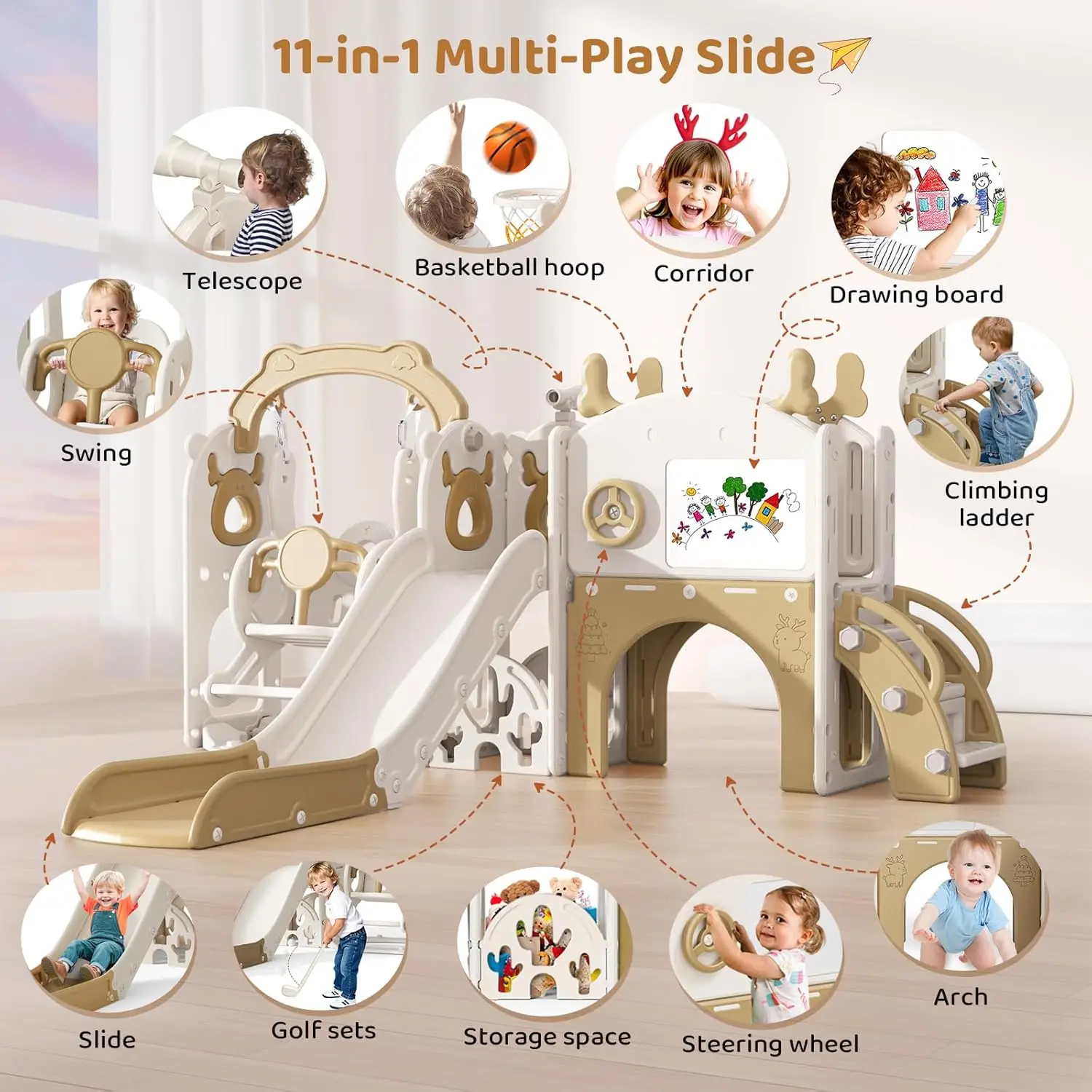 Slide e balanço para crianças pequenas, conjunto de jogos 11 em 1 com escorregador infantil, prancheta, conjunto de golfe, cesta de basquete e espaço de armazenamento para