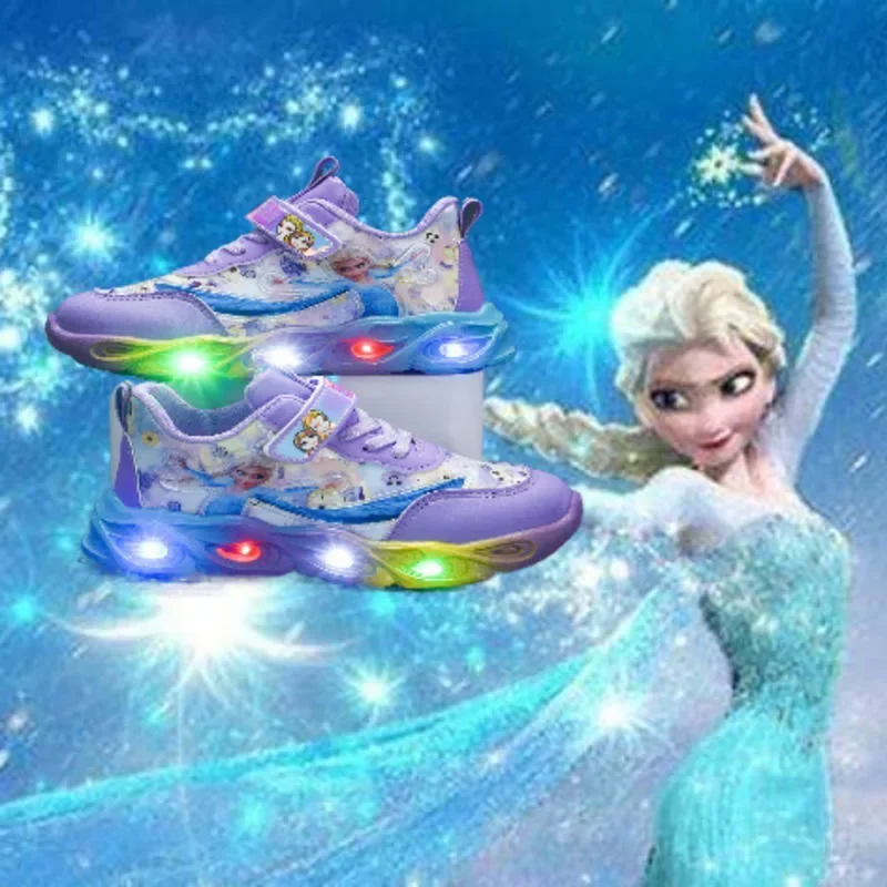 Disney\'s new led light girls shoes frozen spring and autumn mesh breathable children\'s sports shoes all-match elsa princess shoe