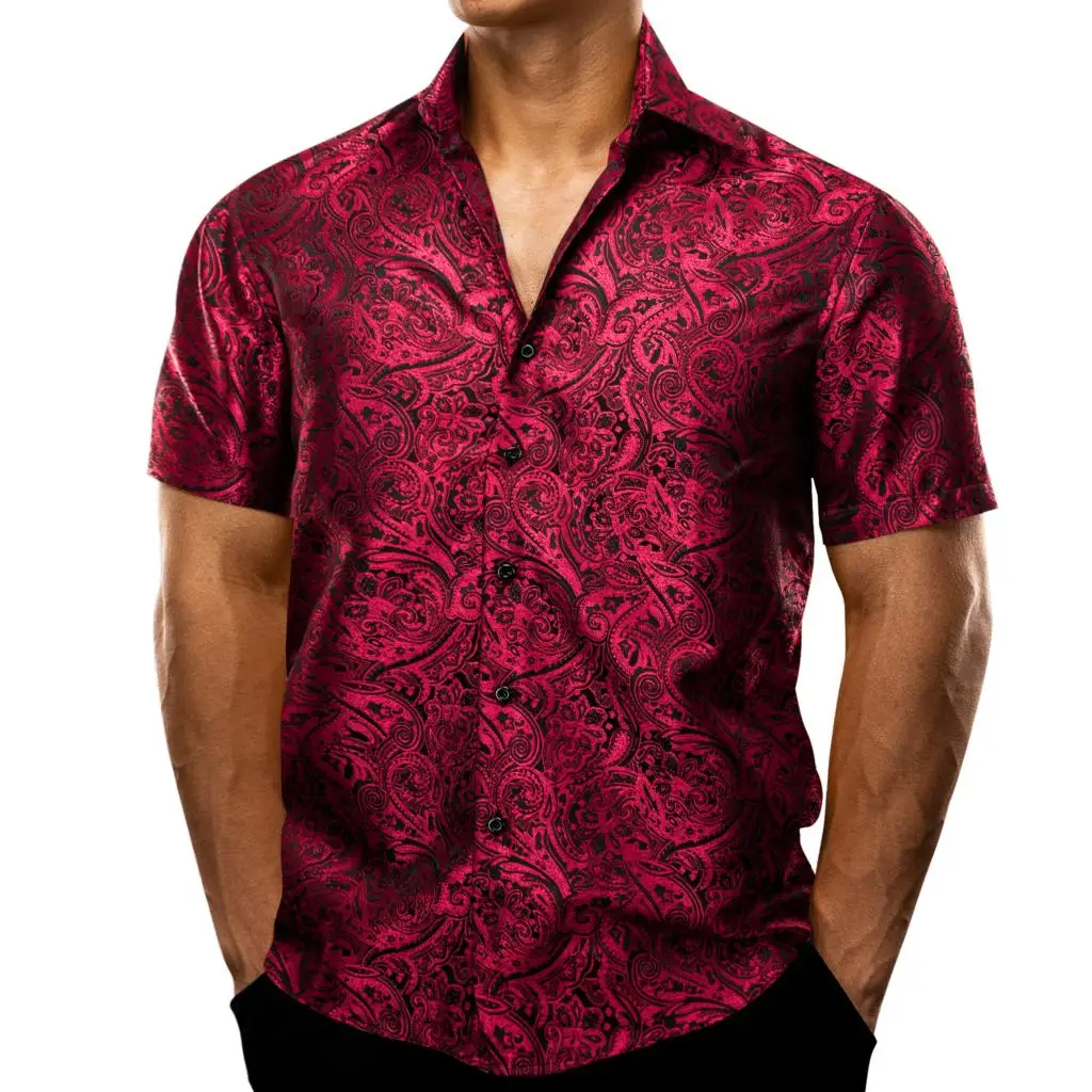 Barry Wang Men's Shirts Short Sleeve Silk Embroidered Red Green Blue Purple Gold Paisley Slim Fit Casual Male Blouses Lapel Tops