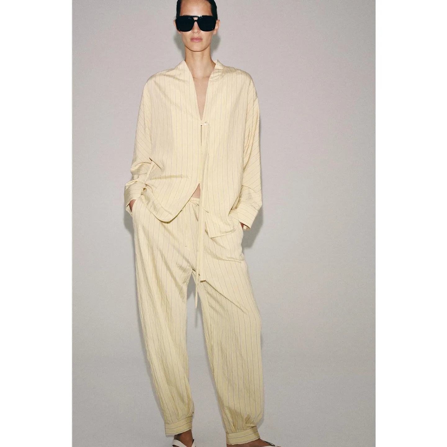 Women's Stripe Shirt Long Sleeve V-Neck Straight Leg Pants Belted Long Lantern Pants Summer Fashion Set Short Coat