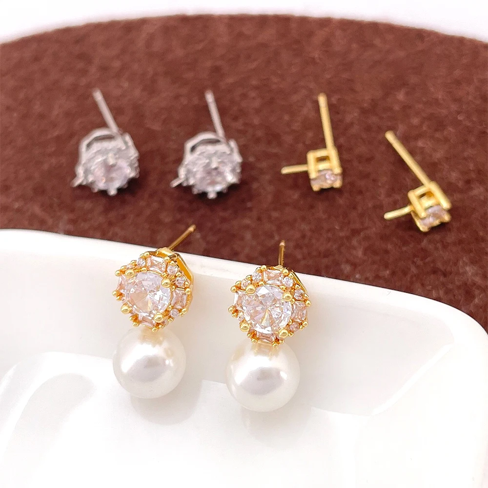 Brass Plated with Genuine Gold Zircon Inlay Exquisite Ear Studs with Support DIY Jewelry Making Semi-finished Product Accessory