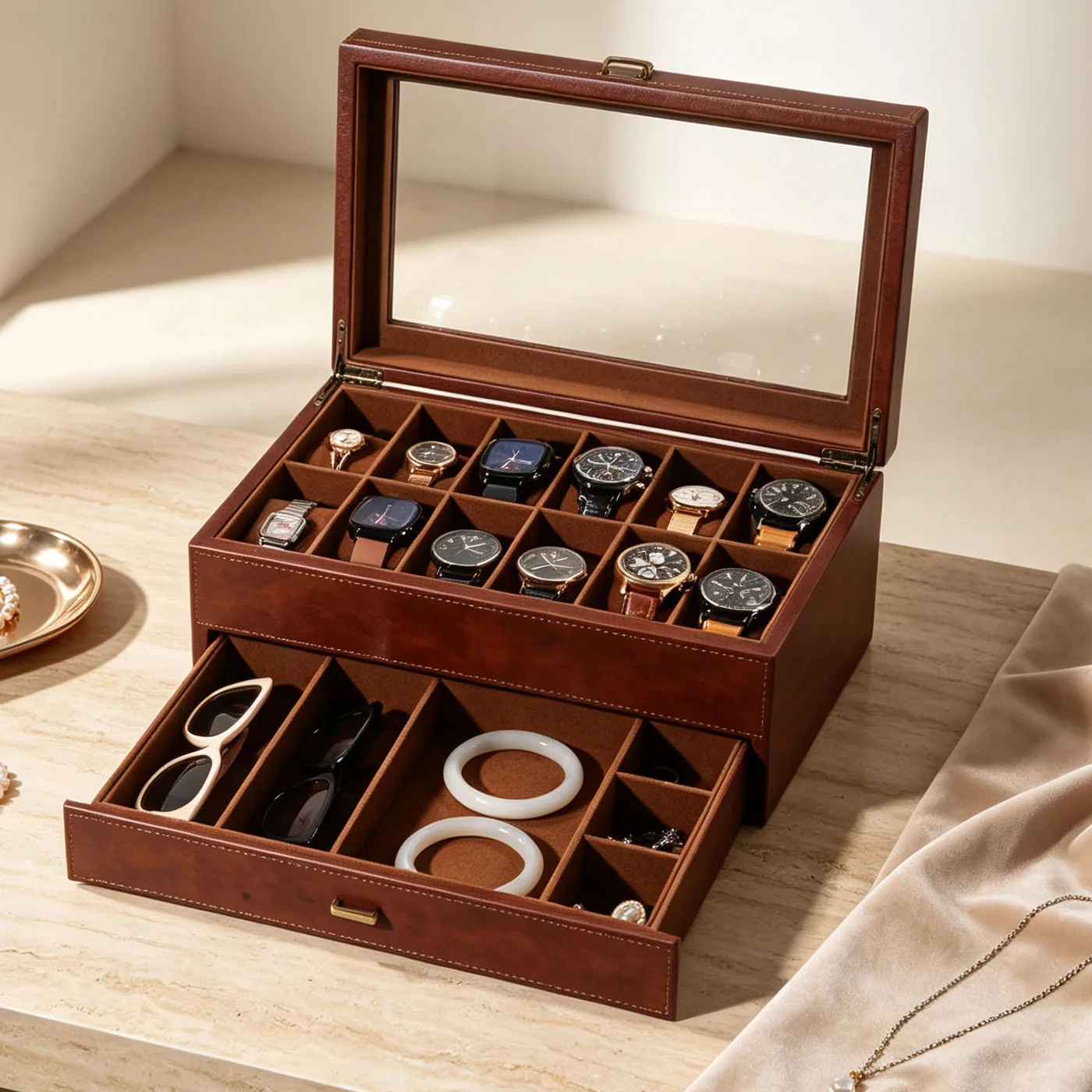 Retro Leather 12-Position Display Watch Storage Box Eyeglasses Case Sunglasses Jewelry Organizer Ring Earring Necklace Brace Cas
