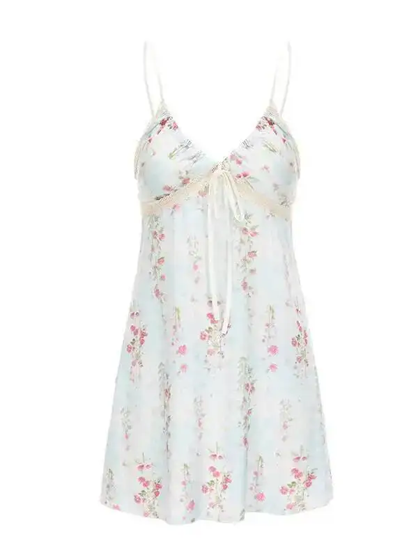 ランジェリー情熱ディープ V 胸パッド付き甘いプリントアイスシルク寝間着プラスサイズのドレスエレガントなホットセクシーなミニドレス甘い TWE8