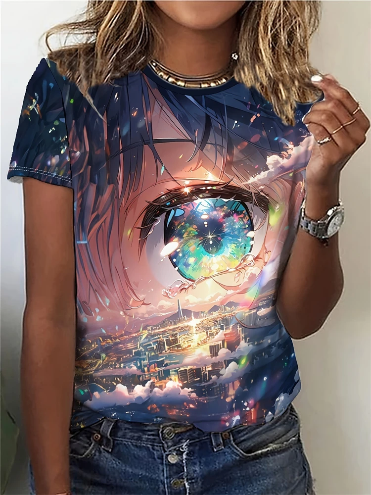 

New Ladies Short-sleeved T-shirt 3D Anime Style Big Eyes Pattern Round Neck T-shirt Spring And Summer Models Travel Tops