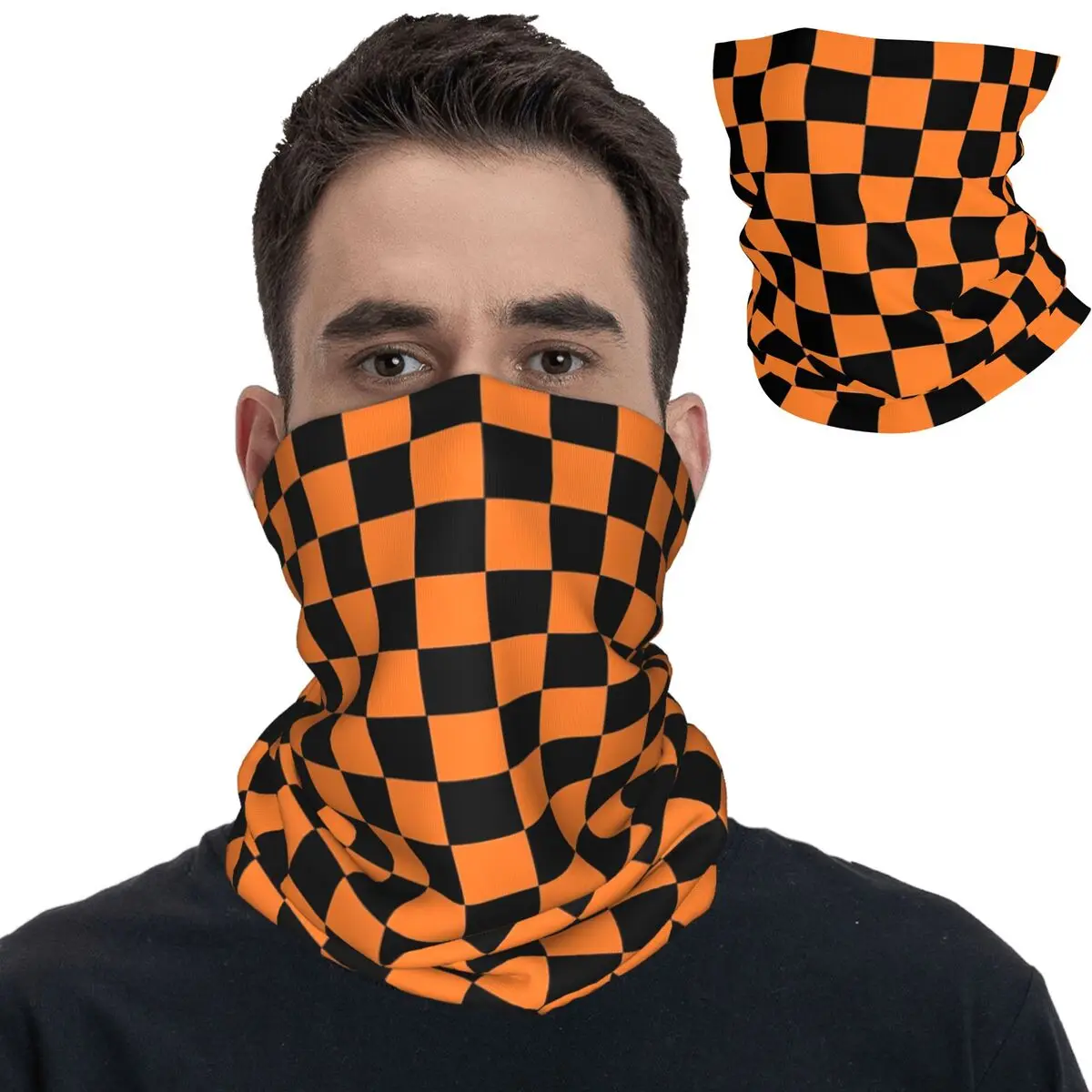 Bandana a cuadros para hombre y mujer, pasamontañas con estampado de cuadros en naranja y negro, Bandana para el cuello, bufanda envolvente, diadema multiusos para adultos