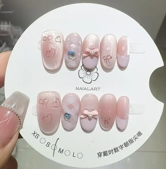 

10PCS Sweet Pink Cat Eye Handmade Short Oval Press on Nails 3D Bowknot Heart Patterns Diamond French Fake Nail Wearable Manicure