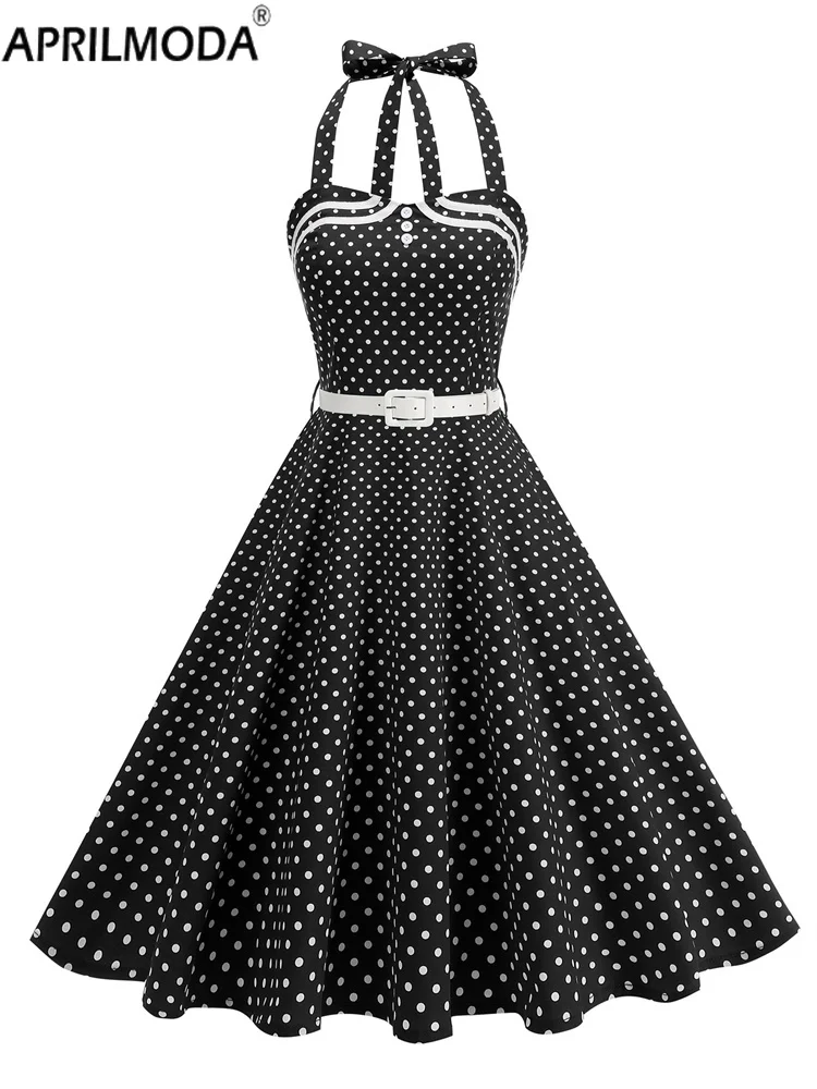

Sexy Backless Strapless Halter Summer Dress Polka Dot Print Blue Black Red Evening Gown Elegant A Line Cotton Midi Runway Dress
