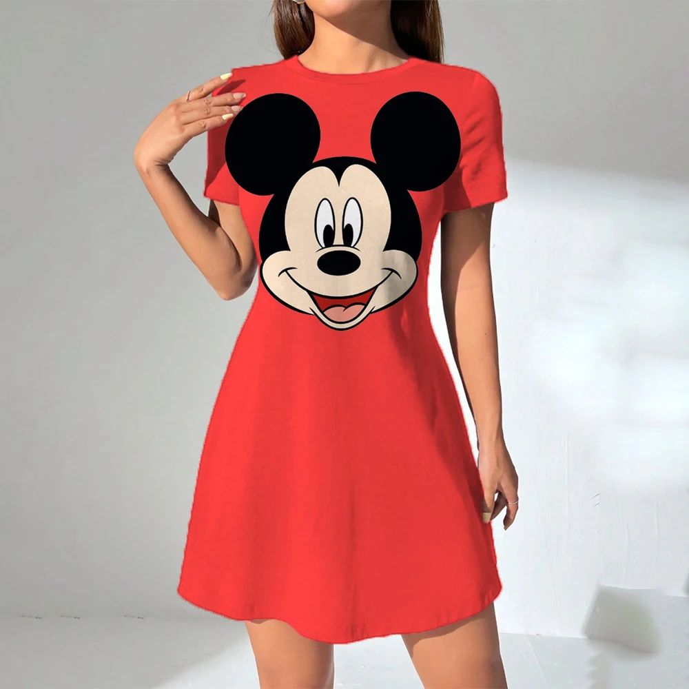 Disney Mickey Mouse print Women Summer Dresses Sex Bikini Short Sleeve Casual Beach T-shirt Dress Loose Swing Sundress ﻿