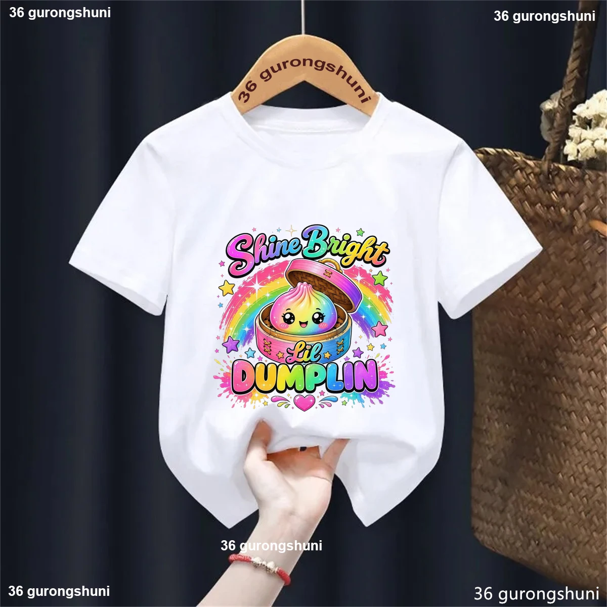 “Shine Bright Lil Dumpling” With Gradient Rainbow Candy Pattern Printed Tshirt Cute Girls Summer Casual Short Sleeve T-Shirt Top