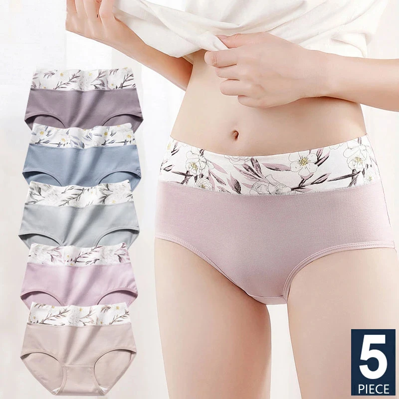 Bragas de algodón para mujer, ropa interior de cintura alta, transpirable, con estampado bonito, de talla grande, 5 piezas