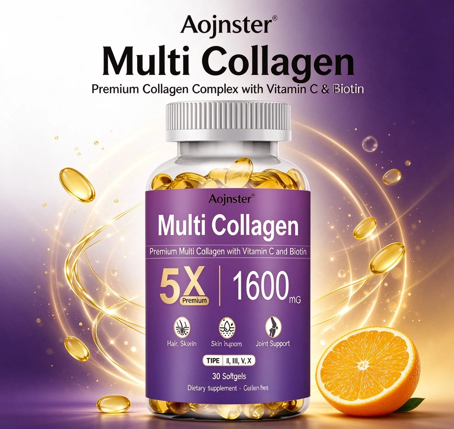 5X Multi Collagen Softgels 1600mg, with Vitamin C & Biotin, Dietary Supplement,30 Softgels for Daily Body Nutrition Support