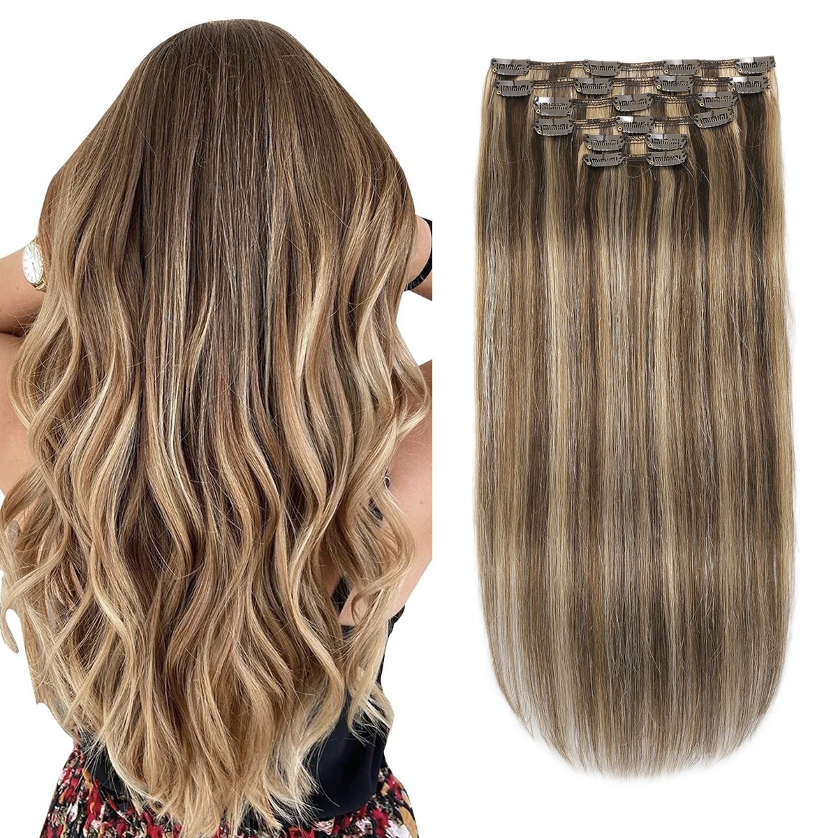 XDhair Clip in Hair Extensions Human Hair 14inch to 22inch 100g 120g Chocolate Brown to Caramel Blonde Clip in Hair Extension