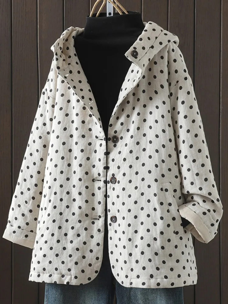 

Художественное хлопковое льняное пальто в горошек с капюшоном, женское зимнее новое свободное пальто большого размера, повседневное антивозрастное хлопковое пальто Thi