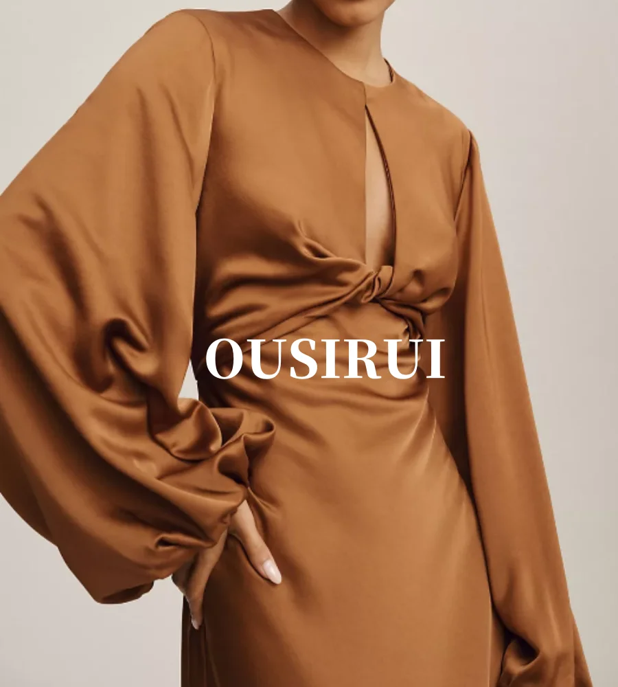 Brown Satin Long Sleeve Keyhole Neckline Front Twist Corset Dress Evening Gown Woman Slit Skirt Halter Zipper Tight Fashion