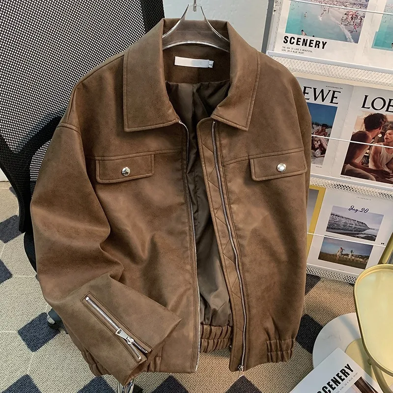 

Brown Leather Jaet Men's American Retro Street Sle Zipper Closure Windproof PU Leather Long Sve Coat with Side kets