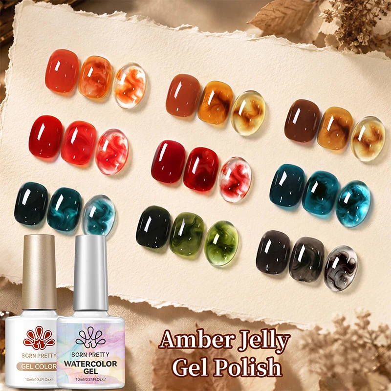 BORN PRETTY Amber Jelly Gel Polish With Blossoming Watercolor Spreading Marble Effect 10ml Autumn Winter DIY Nails Art Design