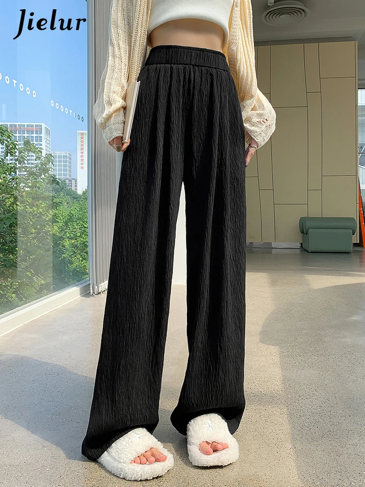 

Jielur Casual High Waist Slim Soft Female Wide Leg Pants Basic Simple Solid Color Chicly Pocket Fashion Loose Women Pants Black