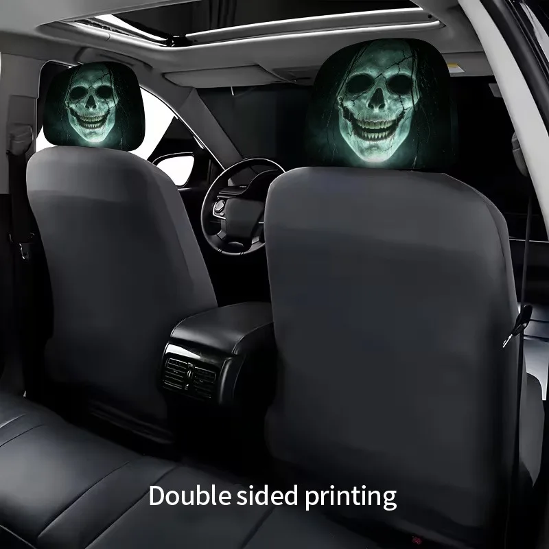 2pcs 2D Printed Horror Glow-in-the-Dark Skull with Cracked Face and Black Hair Car Headrest Covers, Spooky Halloween