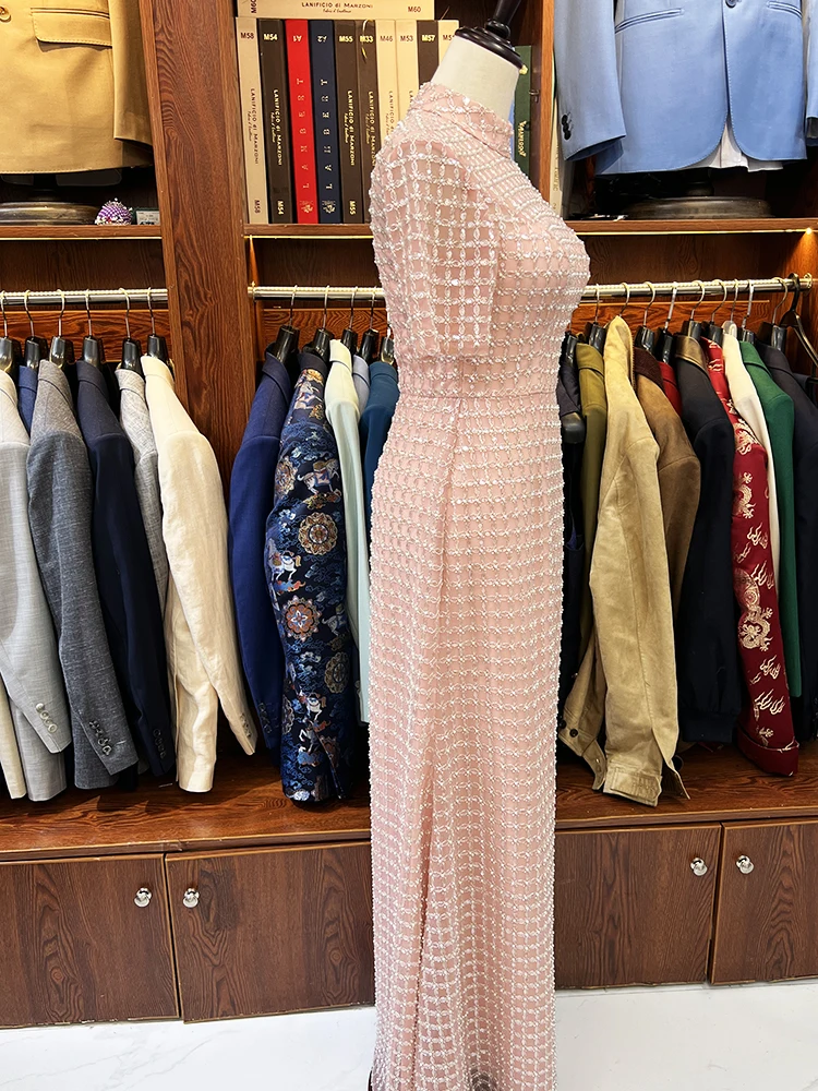 Customized Stand up Collar Bead Dress Tailor Shop Style Women's Evening Gown Customizable Size And Color