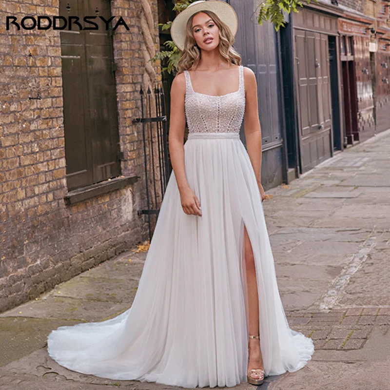 RODDRSYA-Vestido De Novia De tul con cuello cuadrado, traje Sexy con abertura alta, Espalda descubierta, sin mangas, hecho a medida Cuello Cuadrado Tul Vestido De Novia Sexy Alto Escote Vestido De Novia Sin Espalda Ves