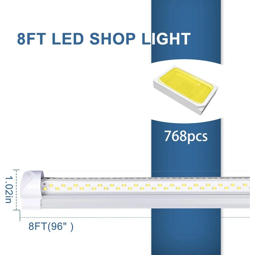 مصباح متجر LED 8 أقدام 100 وات، 15000 لومن، ضوء نهاري 6500 كلفن، قابل للربط، مكون إضافي، على شكل حرف V، أنبوب 96 T8 LED، مناسب للكراجات