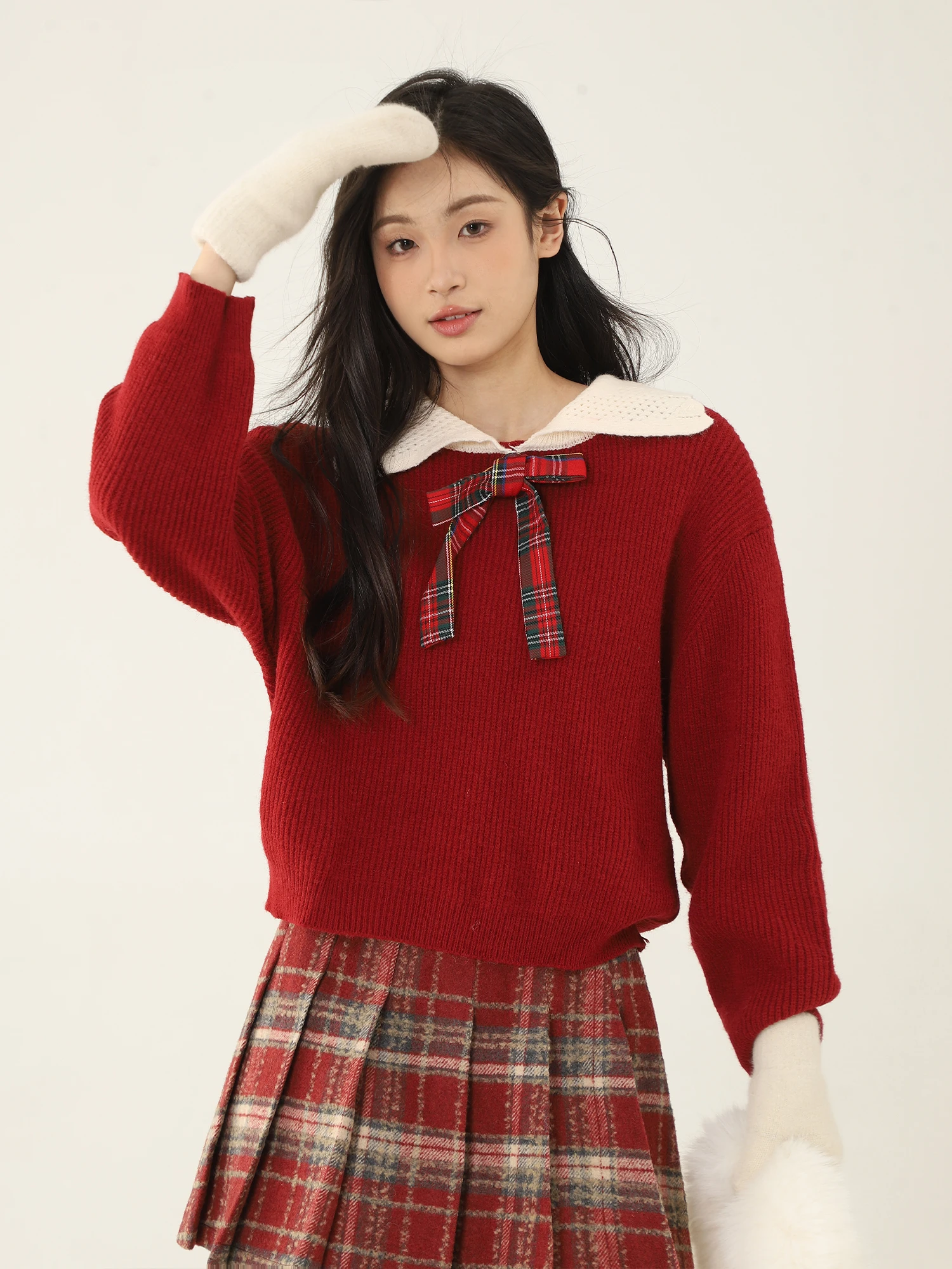 Crsu Festive Series Cisas Capodanno Colletto per bambola scavato Set gonna scozzese dello stesso colore Collezione invernale Faion da donna
