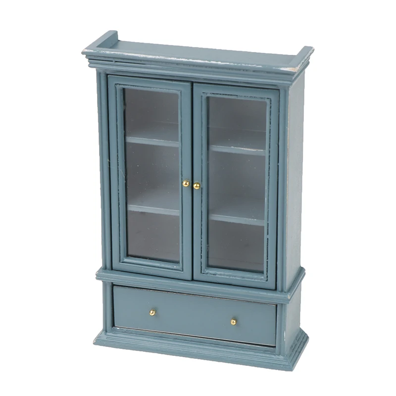 Estantería en miniatura para casa de muñecas, mueble de simulación de armario de doble puerta, juguete de decoración de adorno, color azul, 1:12