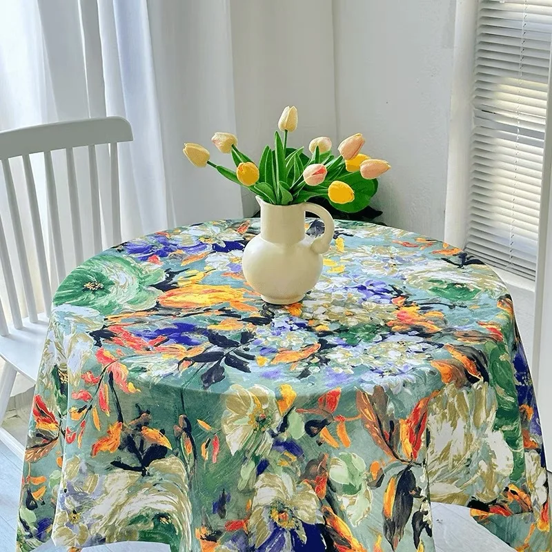 Abstract Floral Oil Painting Tablecloth, Vintage Round Square Table Cover, Stain Resistant Waterproof for Indoor Outdoor Cafe Pa