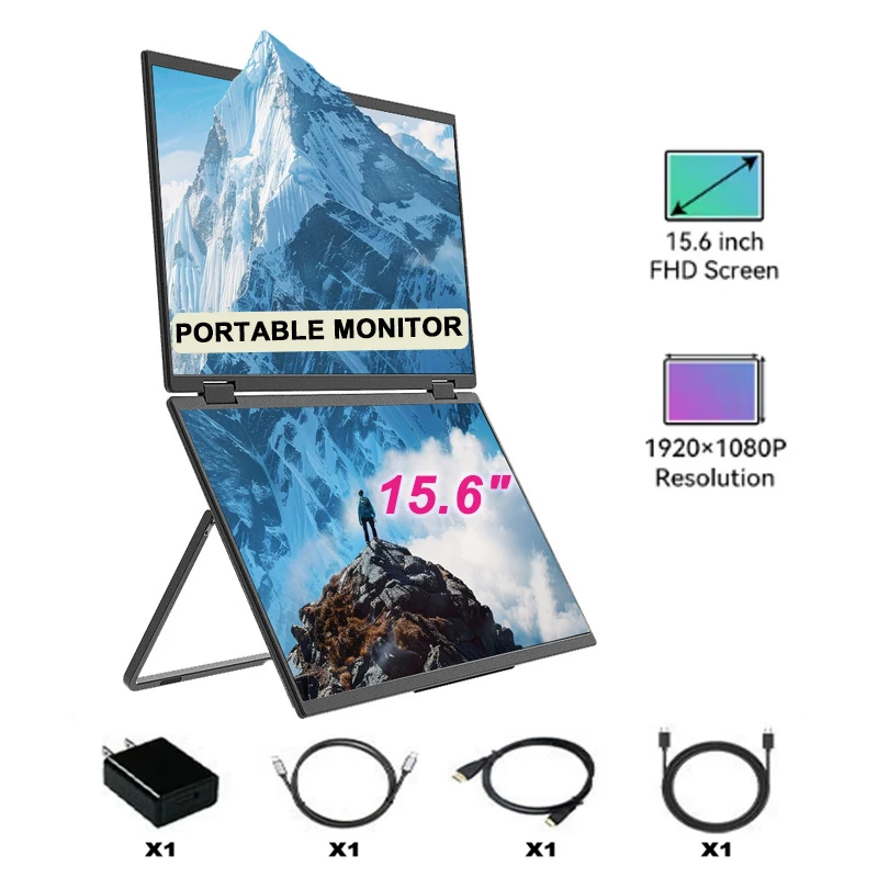 

15,6-дюймовый двойной портативный монитор, экран ноутбука 1080P, складной сложенный двойной монитор для ПК, Windows Mac, портативный удлинитель двойного монитора