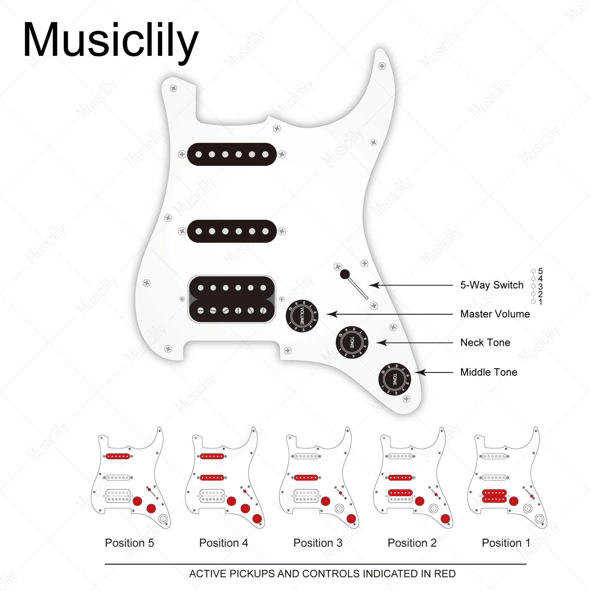 Musiclily Pro Auto-Split Pre-wired Standard HSS Pickguard with Artec Pickups Alnico 5 Magnet for ST Style Electric Guitar